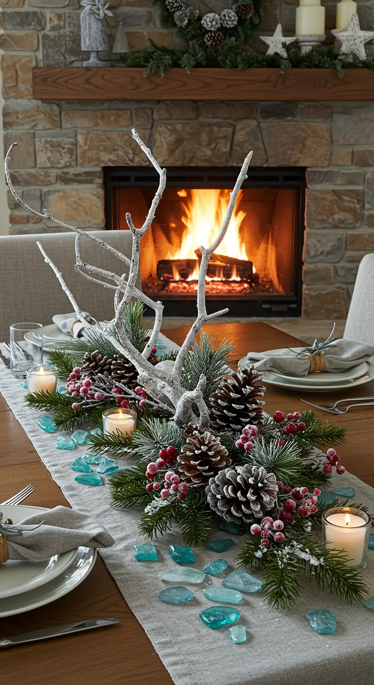 Winter coastal centerpiece with frosted branches, pinecones, and blue sea glass.