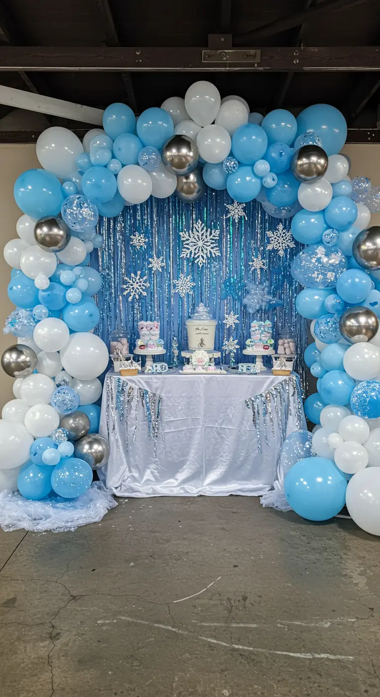A winter-themed balloon arch in blue, white, and silver with snowflake decorations.