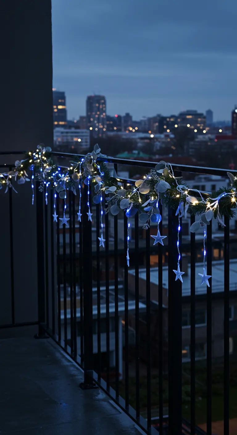 A modern black balcony railing with a garland featuring blue and white star-shaped icicle lights.