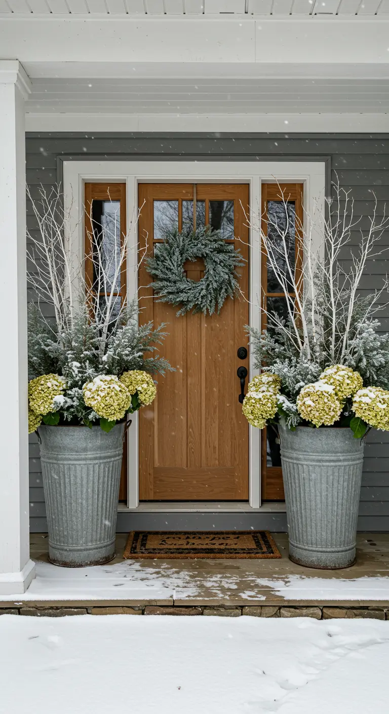 Symmetrical galvanized pots with white branches and hydrangeas flank a wooden front door.