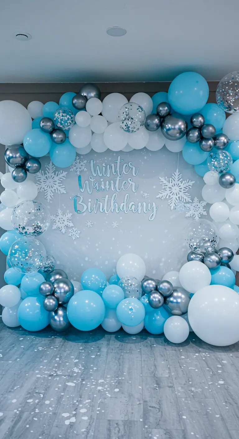 A winter-themed balloon arch in blue, white, and silver with snowflakes.