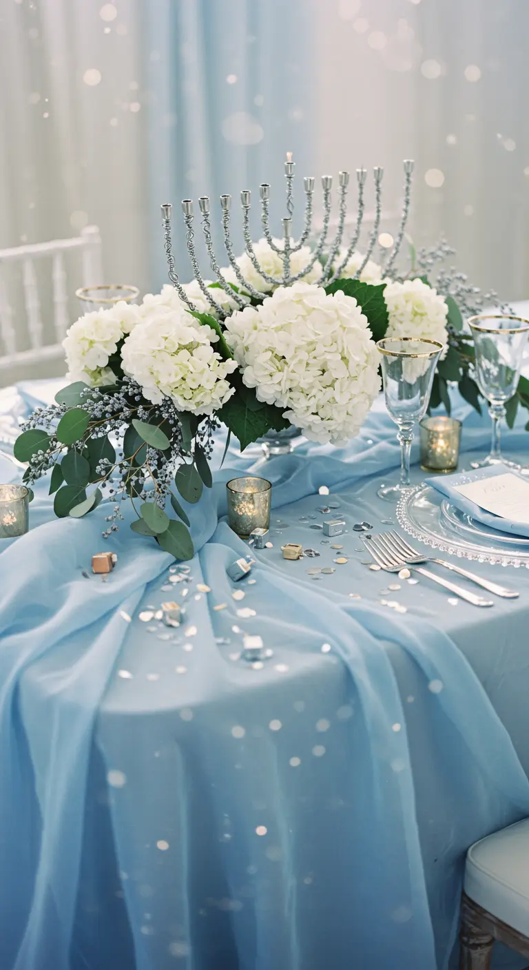 An ethereal Hanukkah table with a light blue tablecloth, white flowers, and a silver menorah.