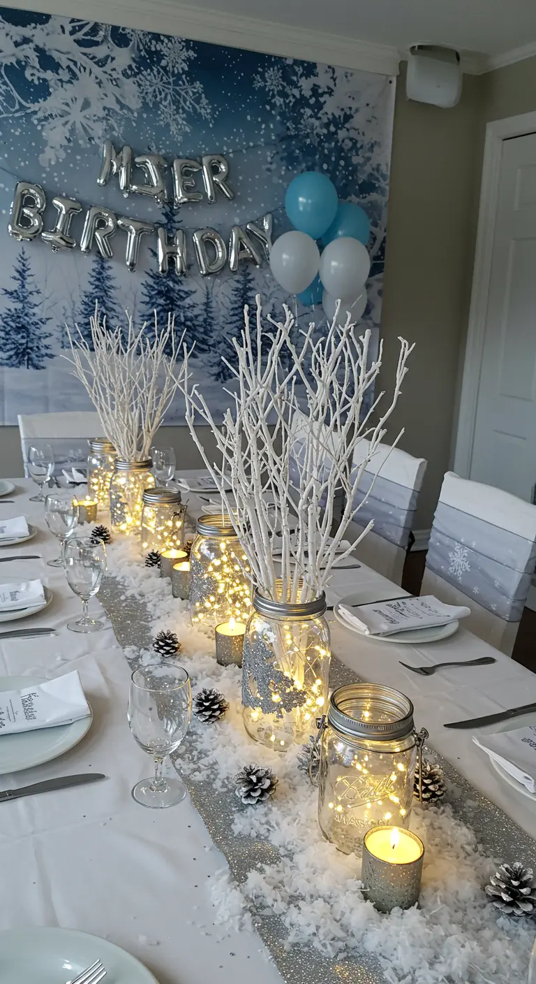 Winter-themed table with mason jars, white branches, and faux snow.