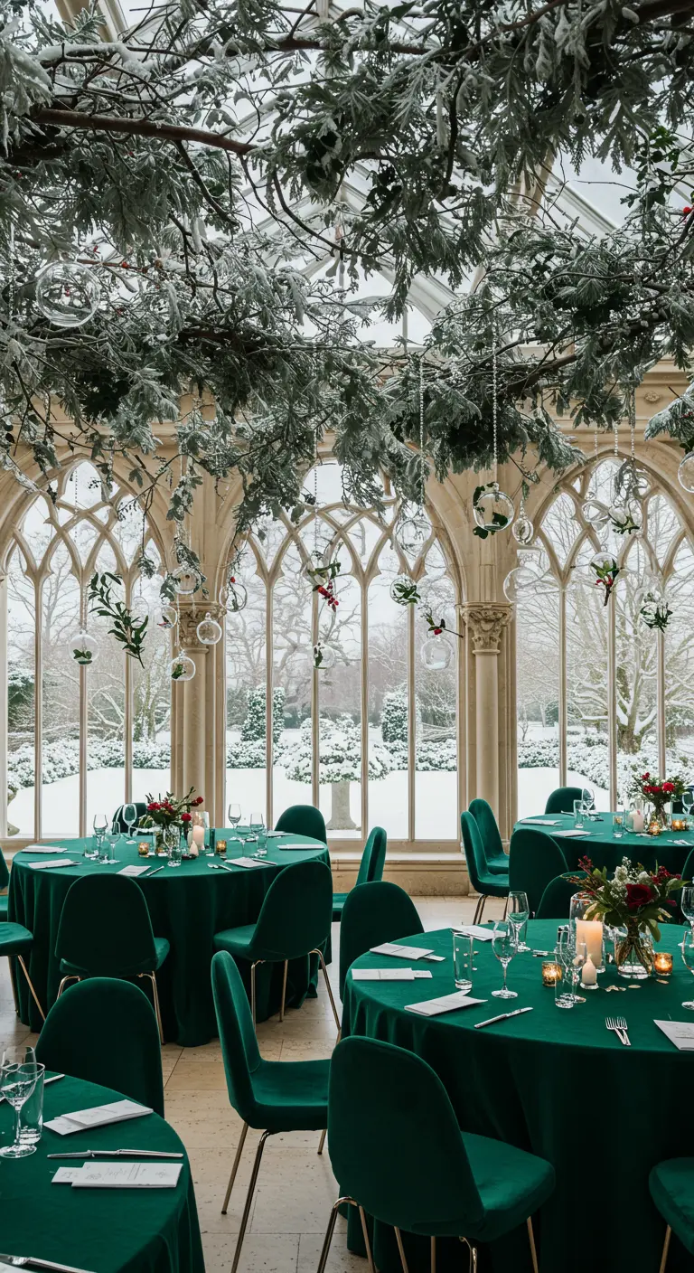 A winter wedding reception with frosted branches and hanging baubles over green tables.