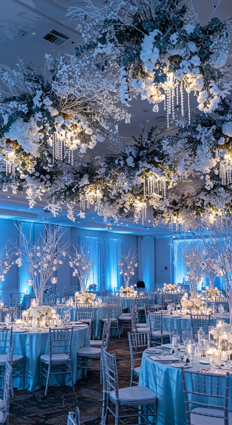A winter wonderland ceiling with frosted white branches, white flowers, and hanging crystals.