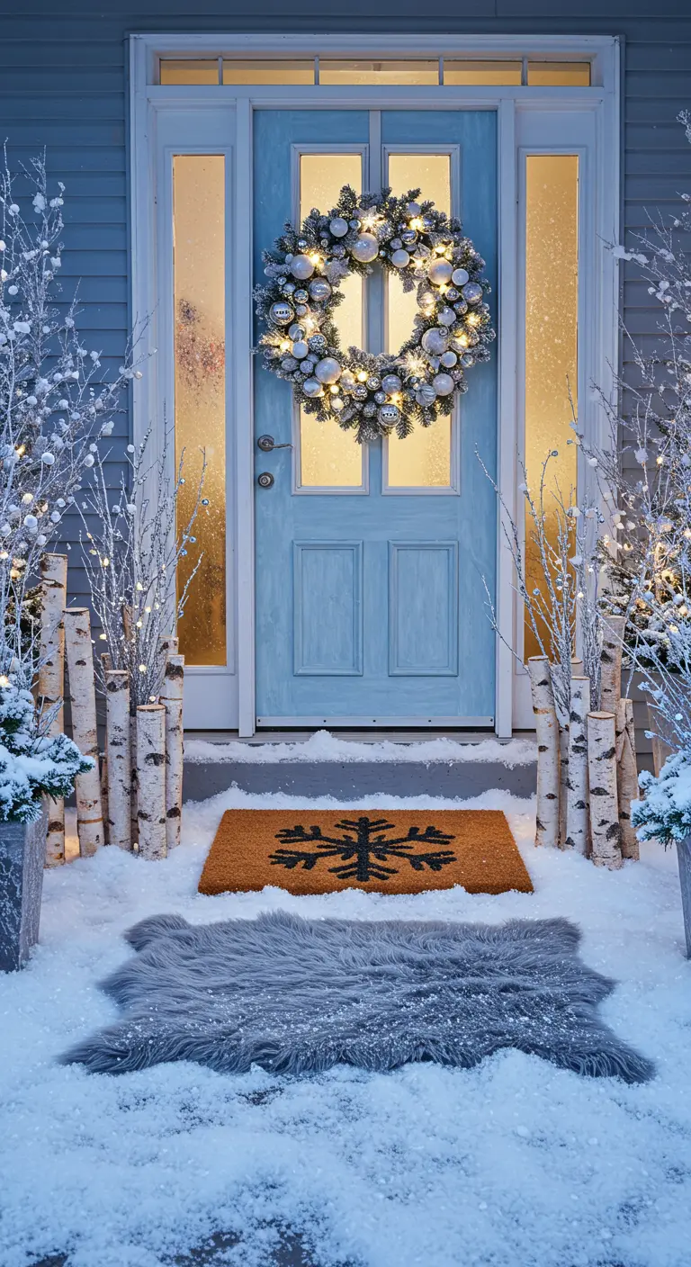 Blue door with a frosted wreath, birch logs, and a faux fur rug in the snow.