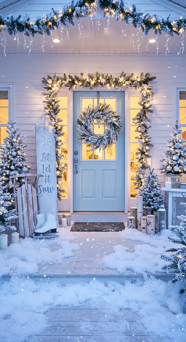 Snowy winter porch with flocked trees, a vintage sled, and a 
