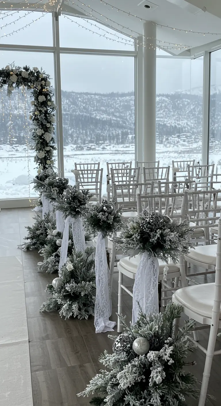 Winter wedding aisle with frosted greenery, silver baubles, and white lace.