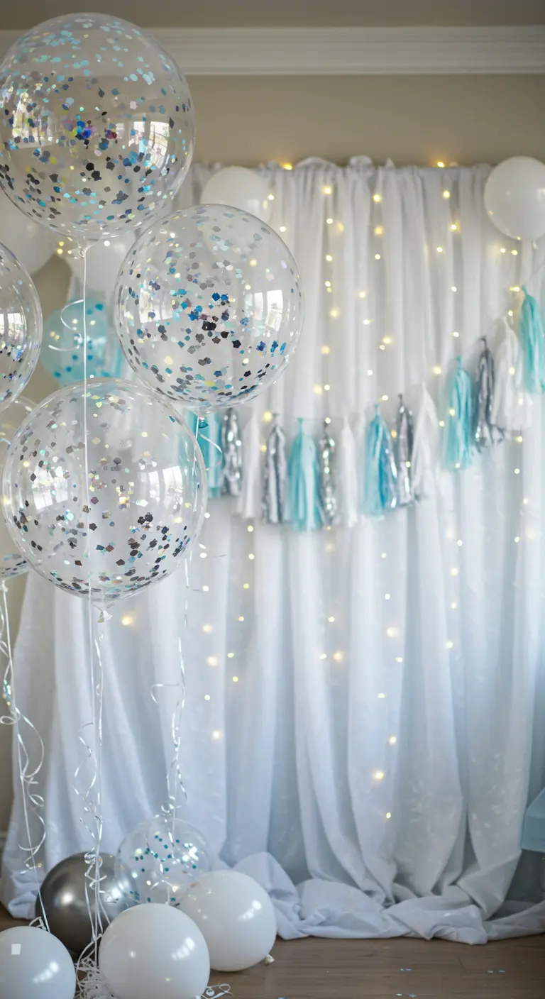 A winter-themed party setup with a fairy light curtain, silver and blue tassel garland, and confetti balloons.
