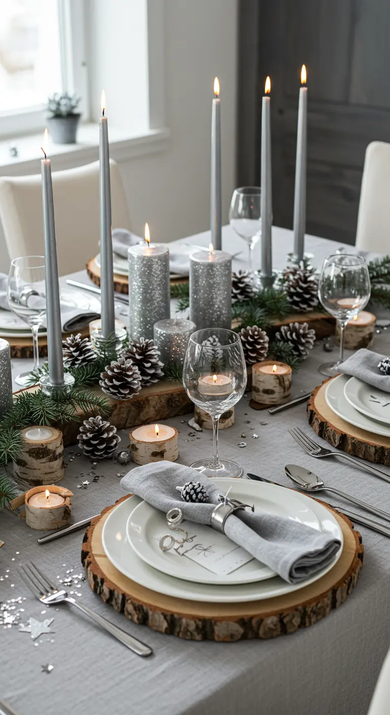 A winter table setting with wood slice chargers, pine boughs, and silver candles.