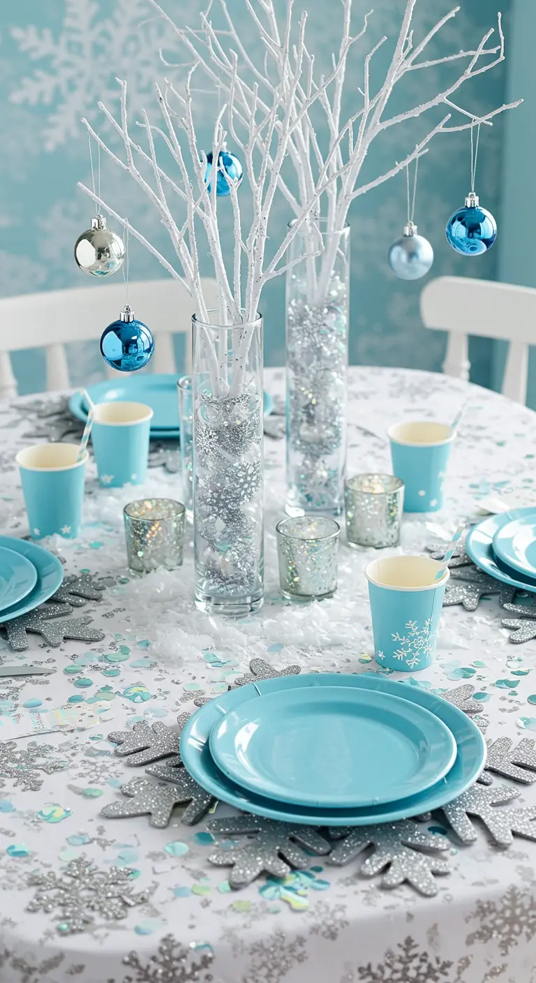 A bright, festive table with white branches in vases and turquoise and silver ornaments.