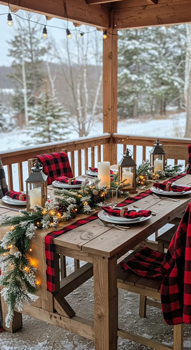 Outdoor winter table setting with lanterns, buffalo check runner, and a flocked evergreen garland.