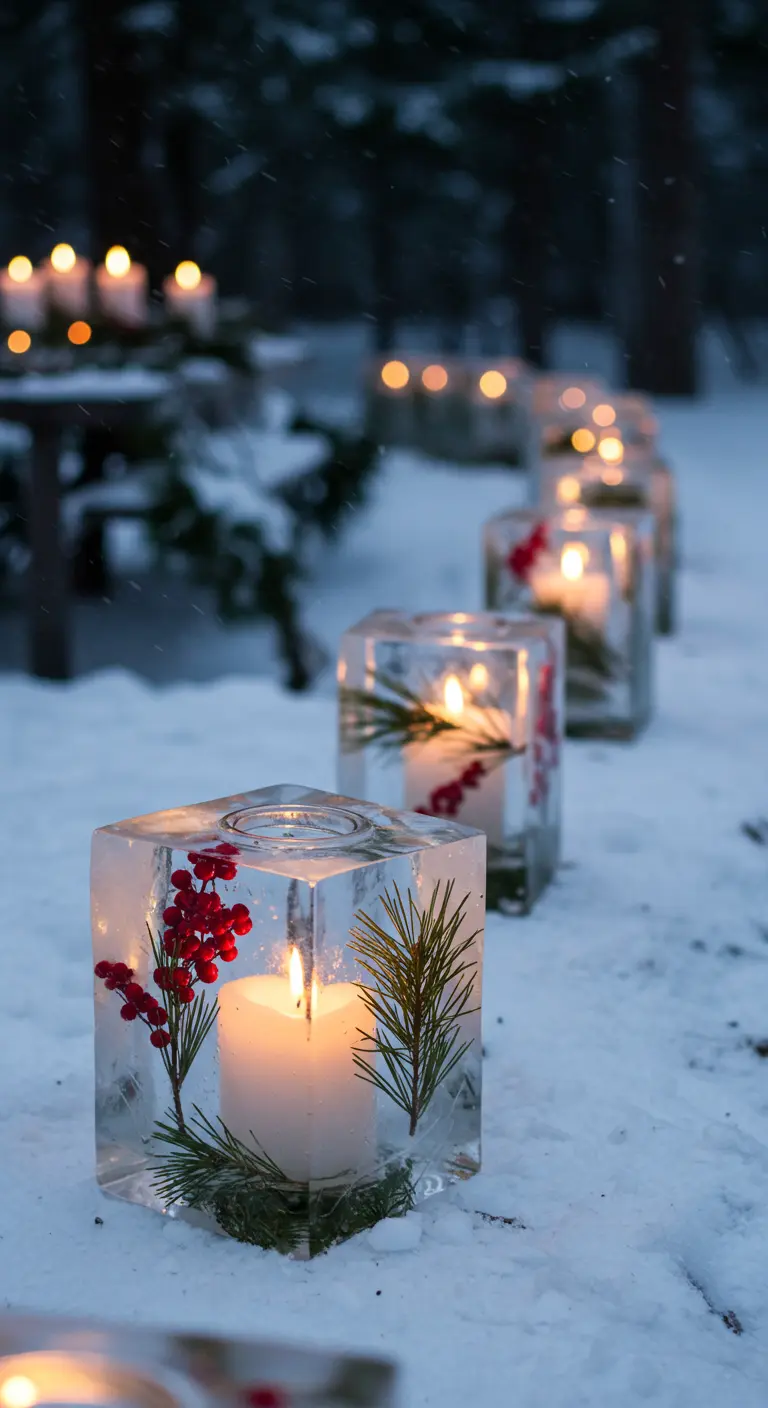 Square ice block lanterns with frozen red berries and pine sprigs, lining a snowy path.