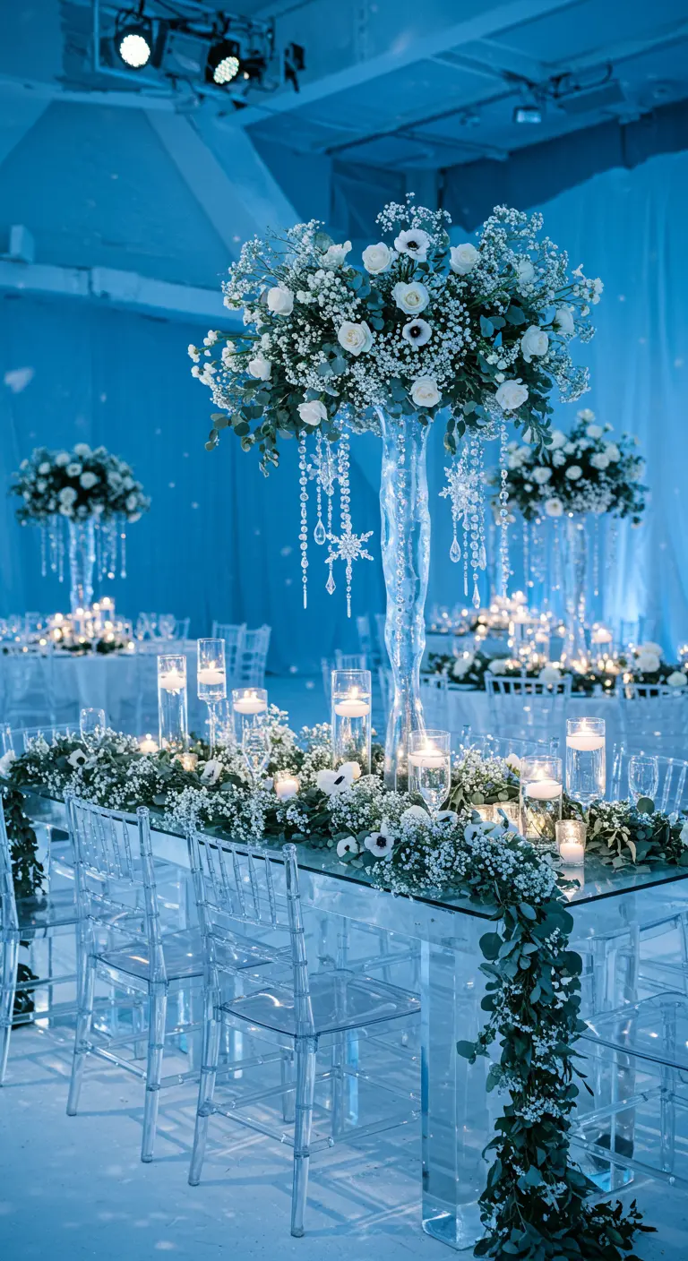 Icy blue-lit room with glass tables, white floral garlands, and dangling snowflake crystals.