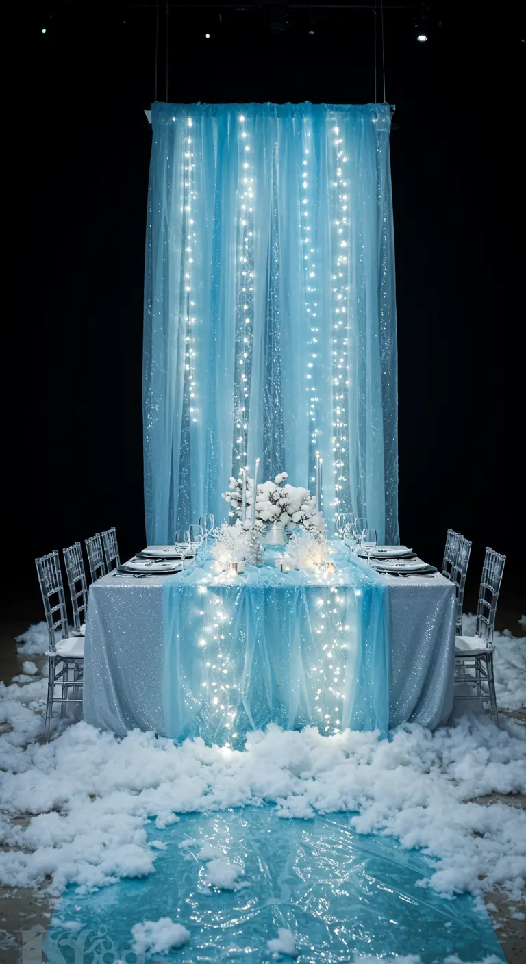 A dining table set in front of a blue curtain with vertical strands of fairy lights.