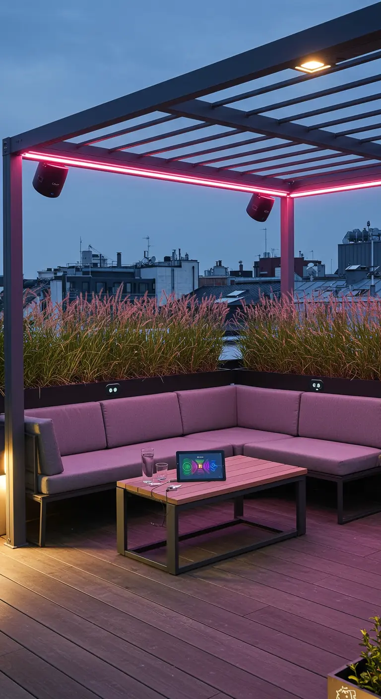 A modern rooftop pergola with integrated pink LED lighting and a sleek grey sectional sofa.