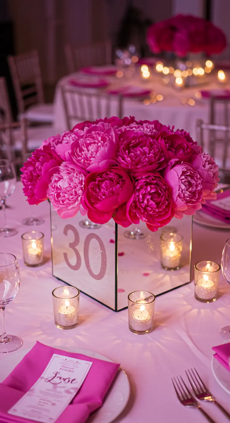 A mirrored cube vase filled with bright pink peonies, with the number 30 on the front.