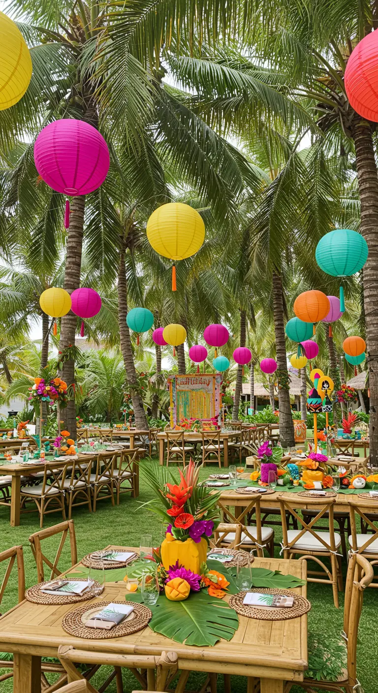 Tropical party with vibrant paper lanterns hanging between palm trees and bamboo tables.