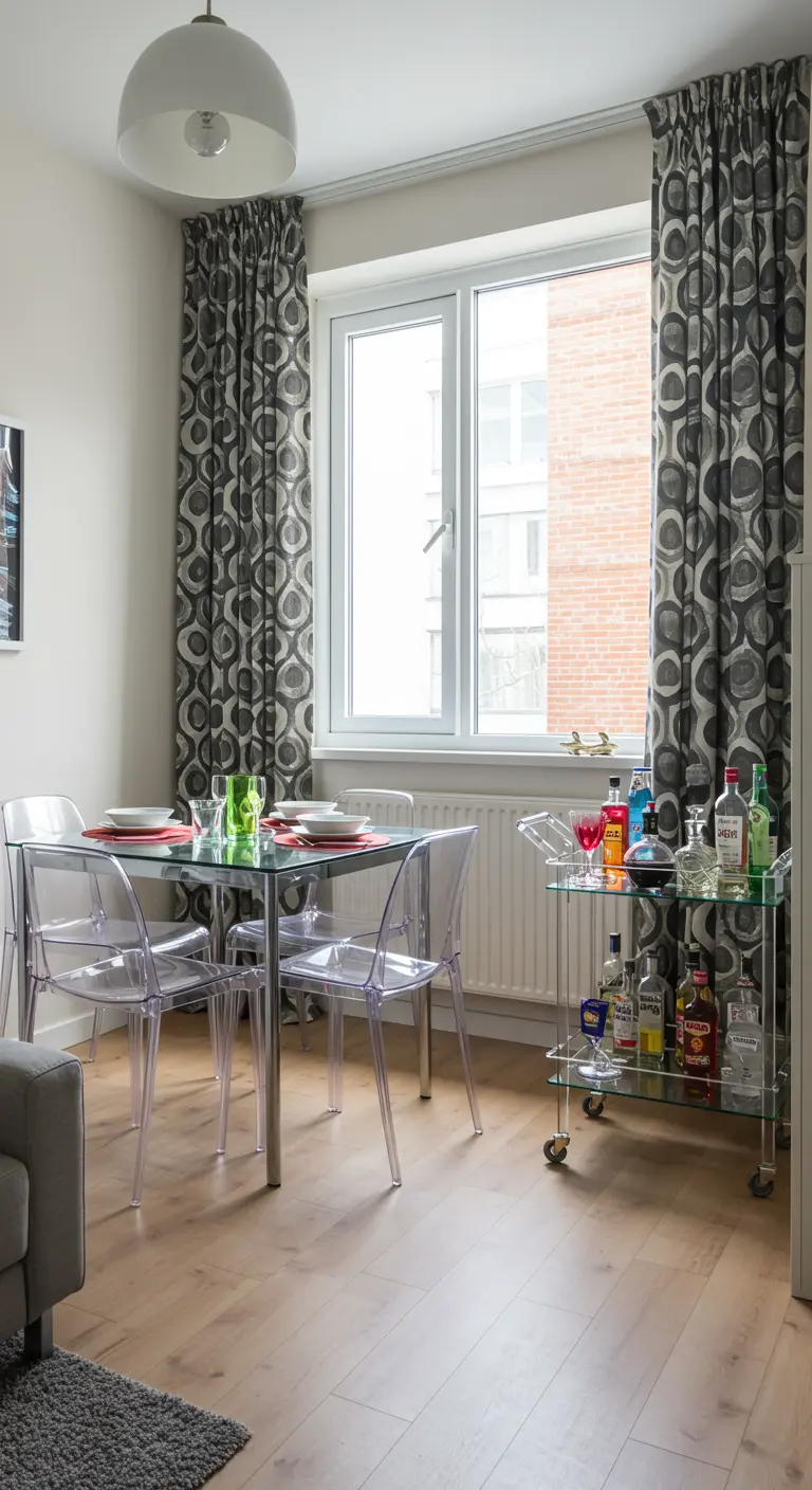 A dining space with a glass-top table, four acrylic chairs, and a glass bar cart.