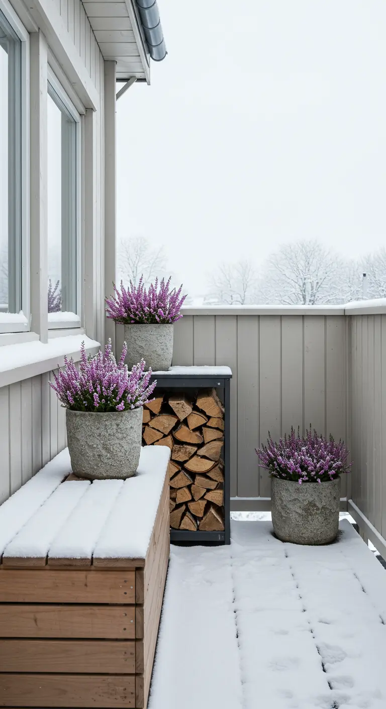 A neat stack of firewood in a holder on a balcony, surrounded by pots of purple heather.
