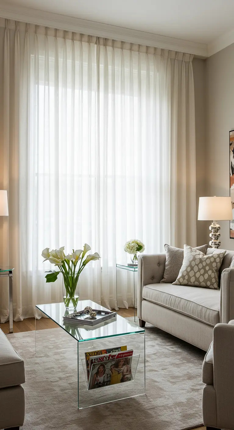 Living room with a glass coffee table that features a built-in magazine holder.