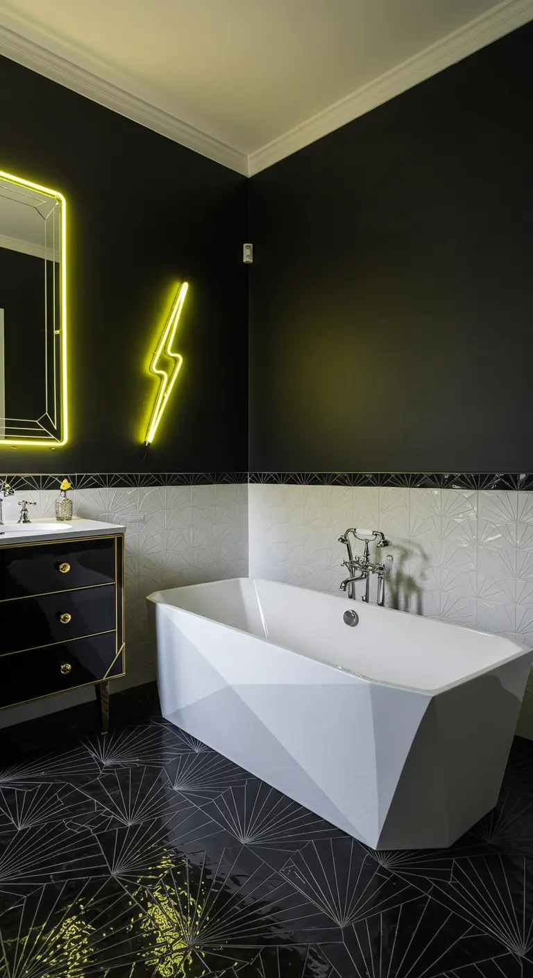Black and white bathroom with Art Deco floor tiles and a yellow lightning bolt neon sign.