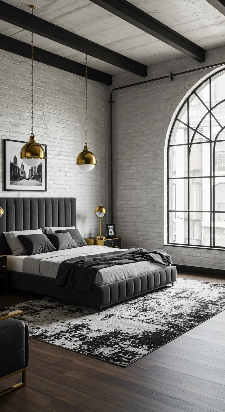 Industrial loft bedroom with a charcoal velvet bed, brick walls, and brass pendant lights.
