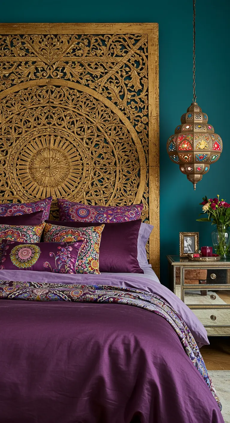 Bedroom with a large carved wooden headboard against a teal wall, with purple patterned bedding.