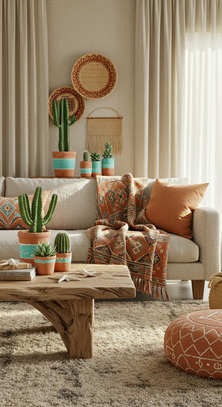 Bohemian living room with cacti, Southwestern patterns, and a driftwood coffee table.