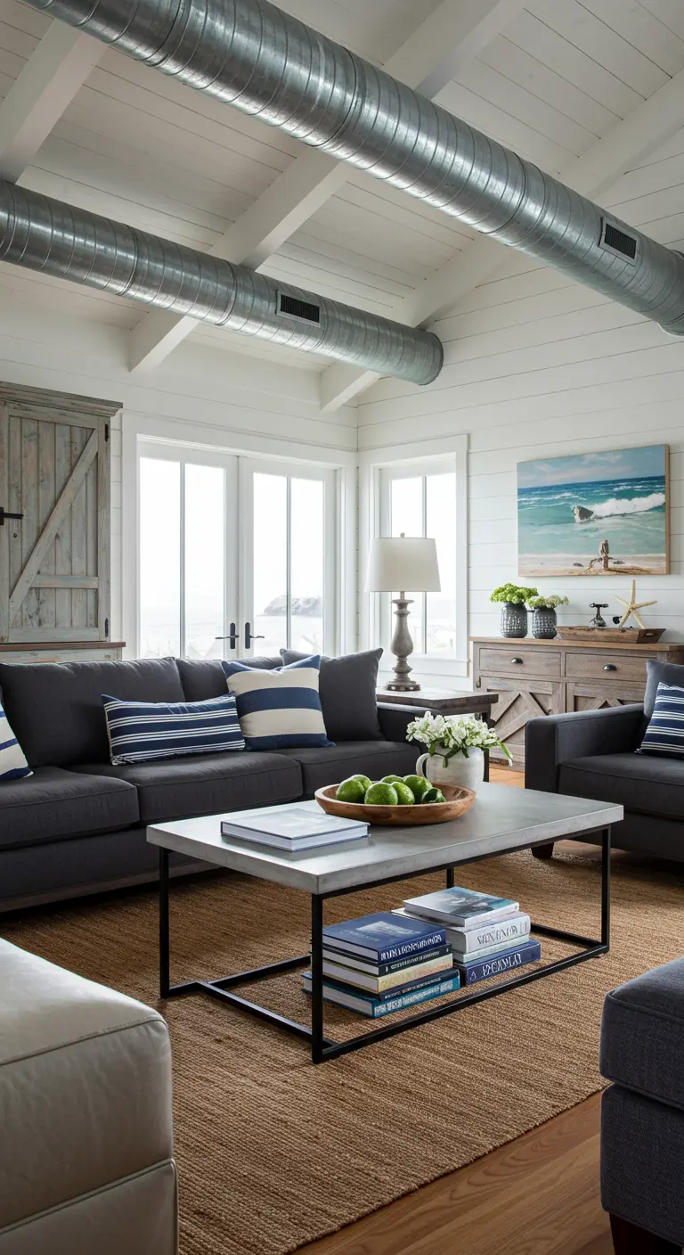 Living room with exposed ceiling ductwork, a gray sofa, and a barn door.