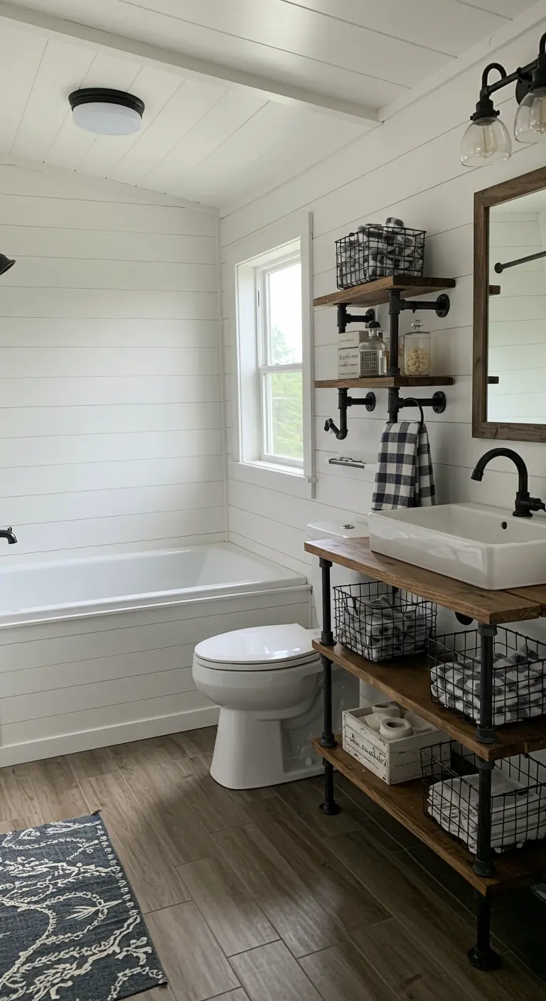 Farmhouse bathroom with white shiplap walls and black industrial pipe shelving.