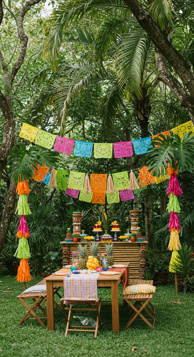 A tropical-themed party with papel picado, large tassels, and a tiki bar in a lush garden.
