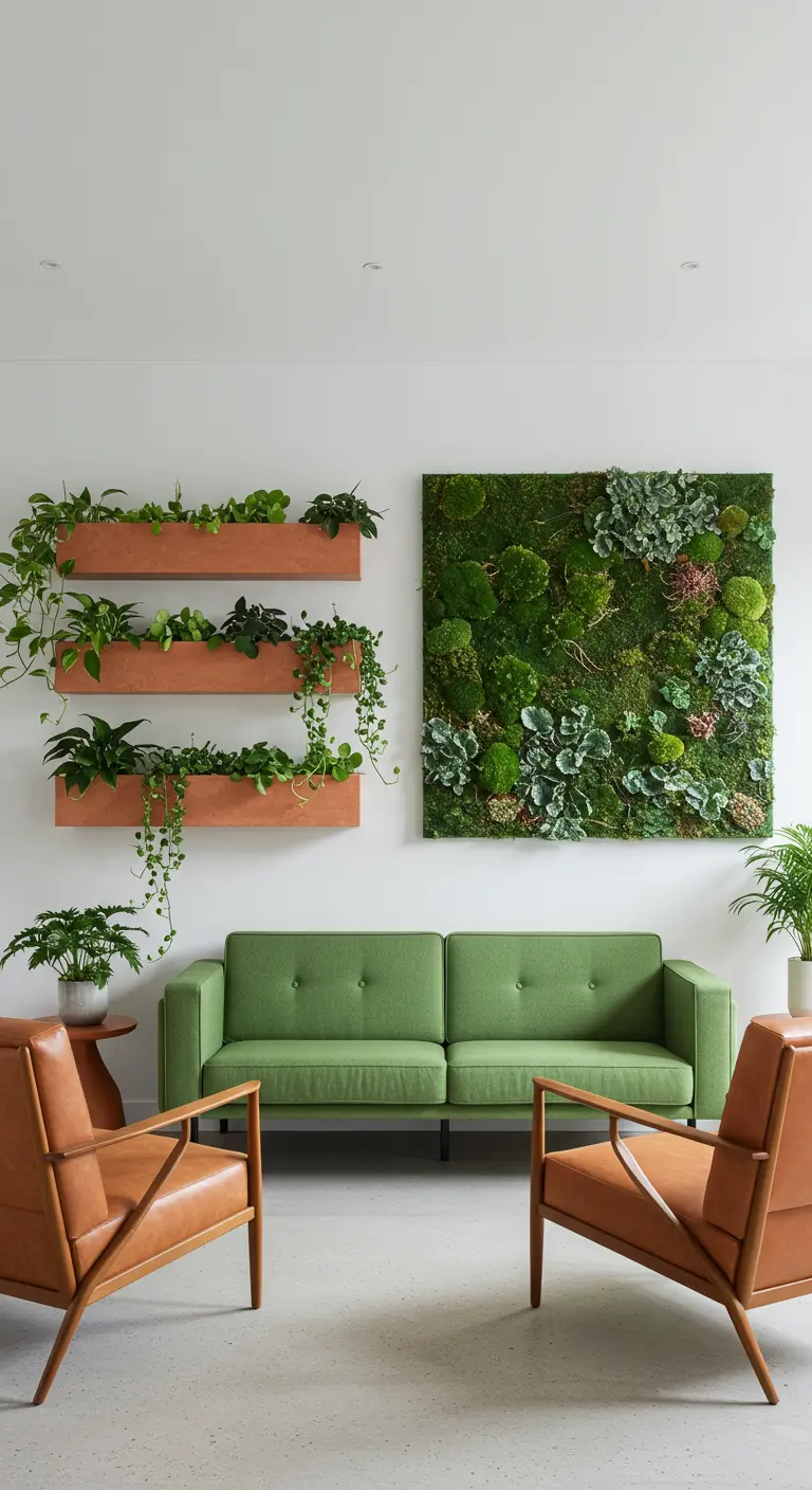 Terracotta planter shelves with trailing plants next to a large square living moss wall.