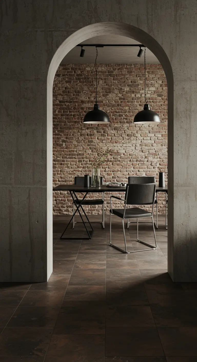 A dining room with an exposed brick wall, viewed through a modern concrete archway.