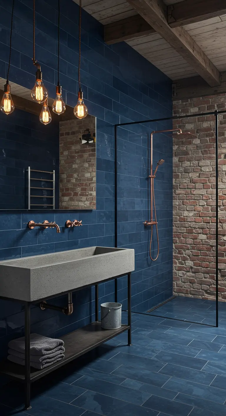 Industrial bathroom with a sapphire tile wall, exposed brick, and a concrete trough sink.