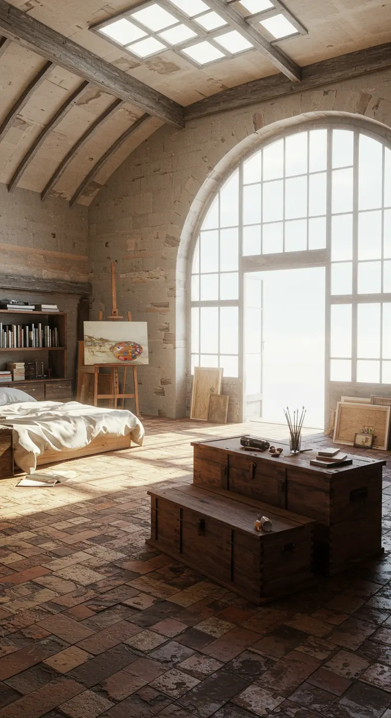 Artist's loft bedroom with a large arched window, stone walls, and reclaimed brick floor.