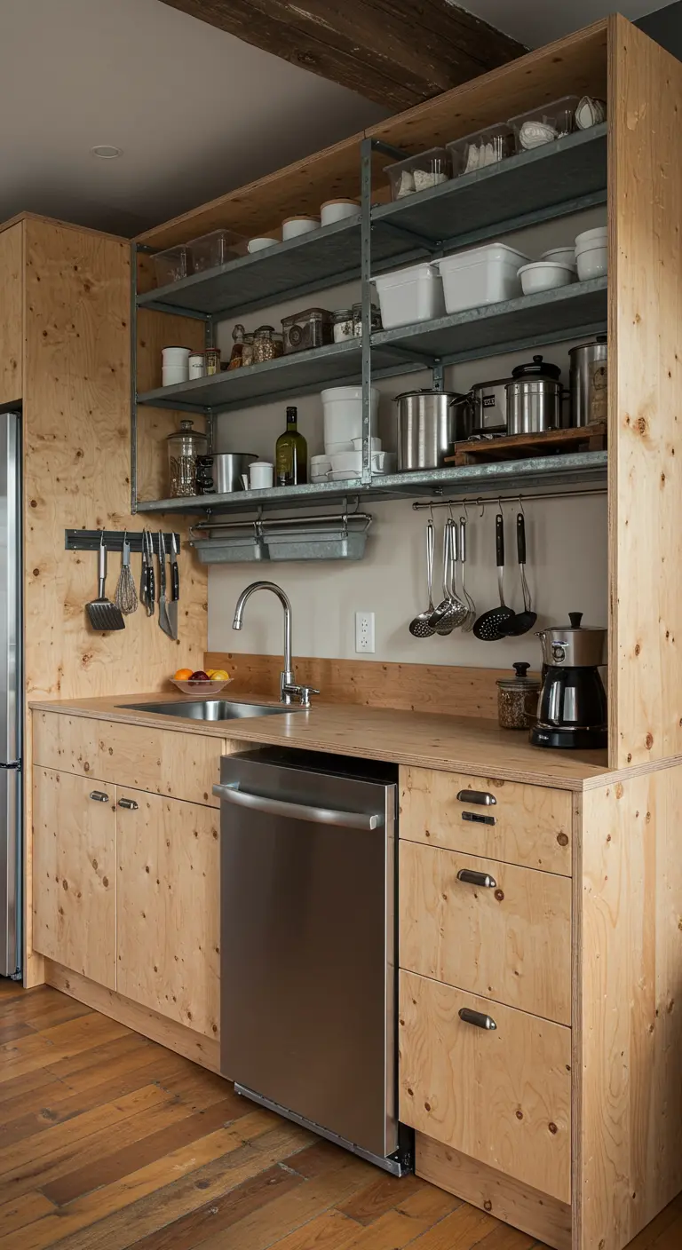 A kitchen with raw plywood cabinets and large, open industrial metal shelving units above.