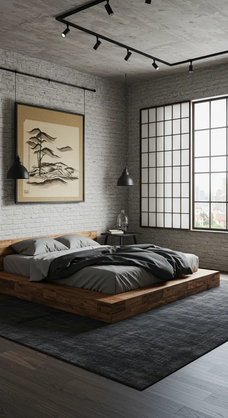 Industrial-Japandi bedroom with a brick wall, track lighting, and a low wooden platform bed.