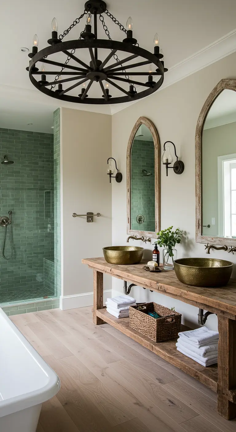 Bathroom with rustic wood vanity, hammered sinks, and gothic arch mirrors.