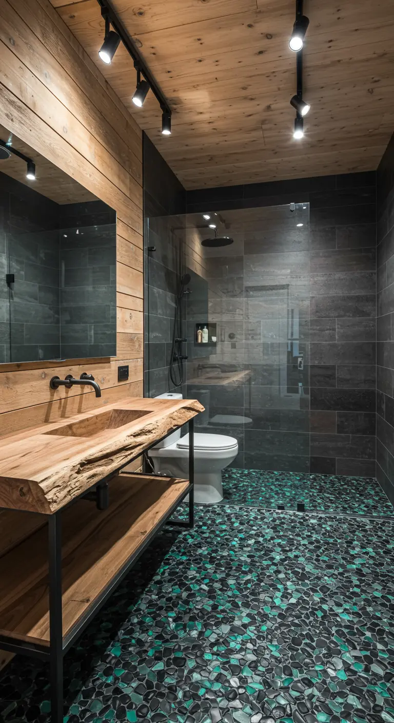 Bathroom with a live-edge wood vanity on a metal frame and dark slate tiles.