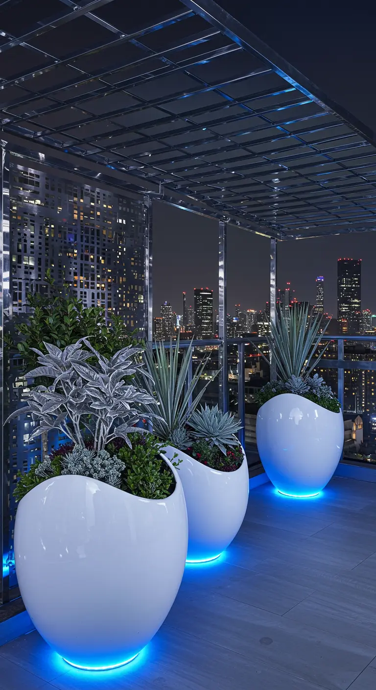 Modern rooftop terrace at night with large white planters lit from below with blue light.