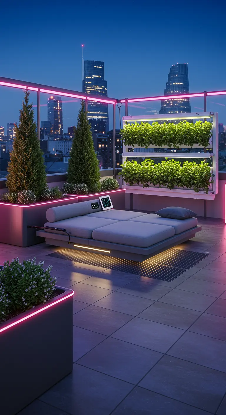 Futuristic rooftop garden with pink and white LED lighting, a modular lounge bed, and a vertical garden.