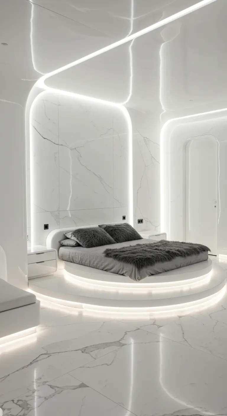 Futuristic white bedroom with a round bed and glowing integrated lighting.