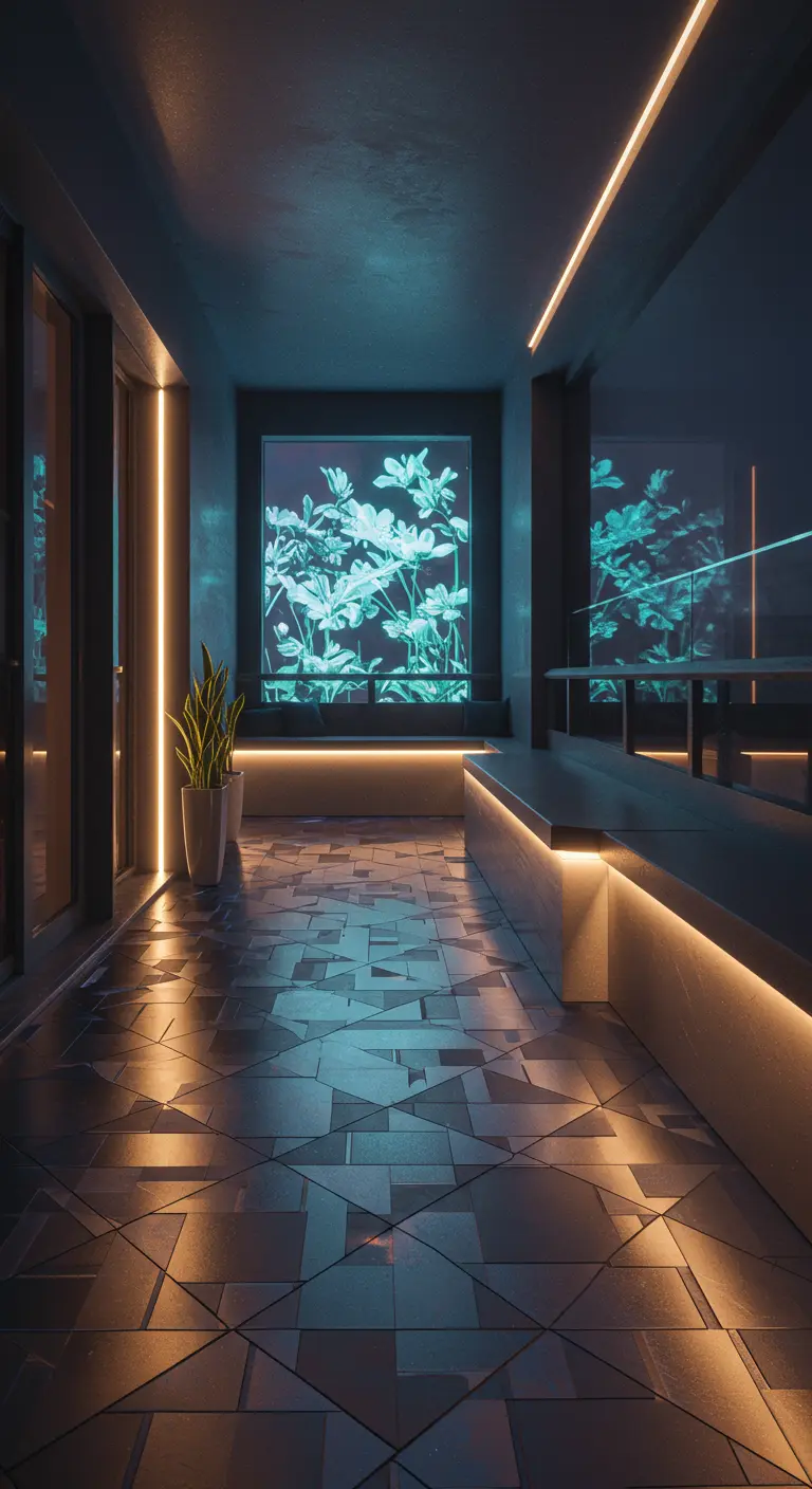 A modern, dark-tiled balcony with integrated LED lighting under a floating bench.