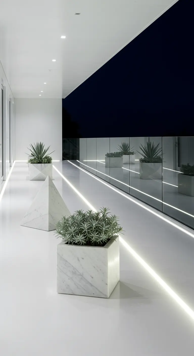 A futuristic white balcony with glowing LED strips on the floor and geometric planters.