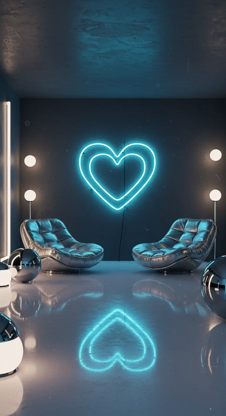 Two futuristic black lounge chairs in a dark room with a blue double-lined neon heart.