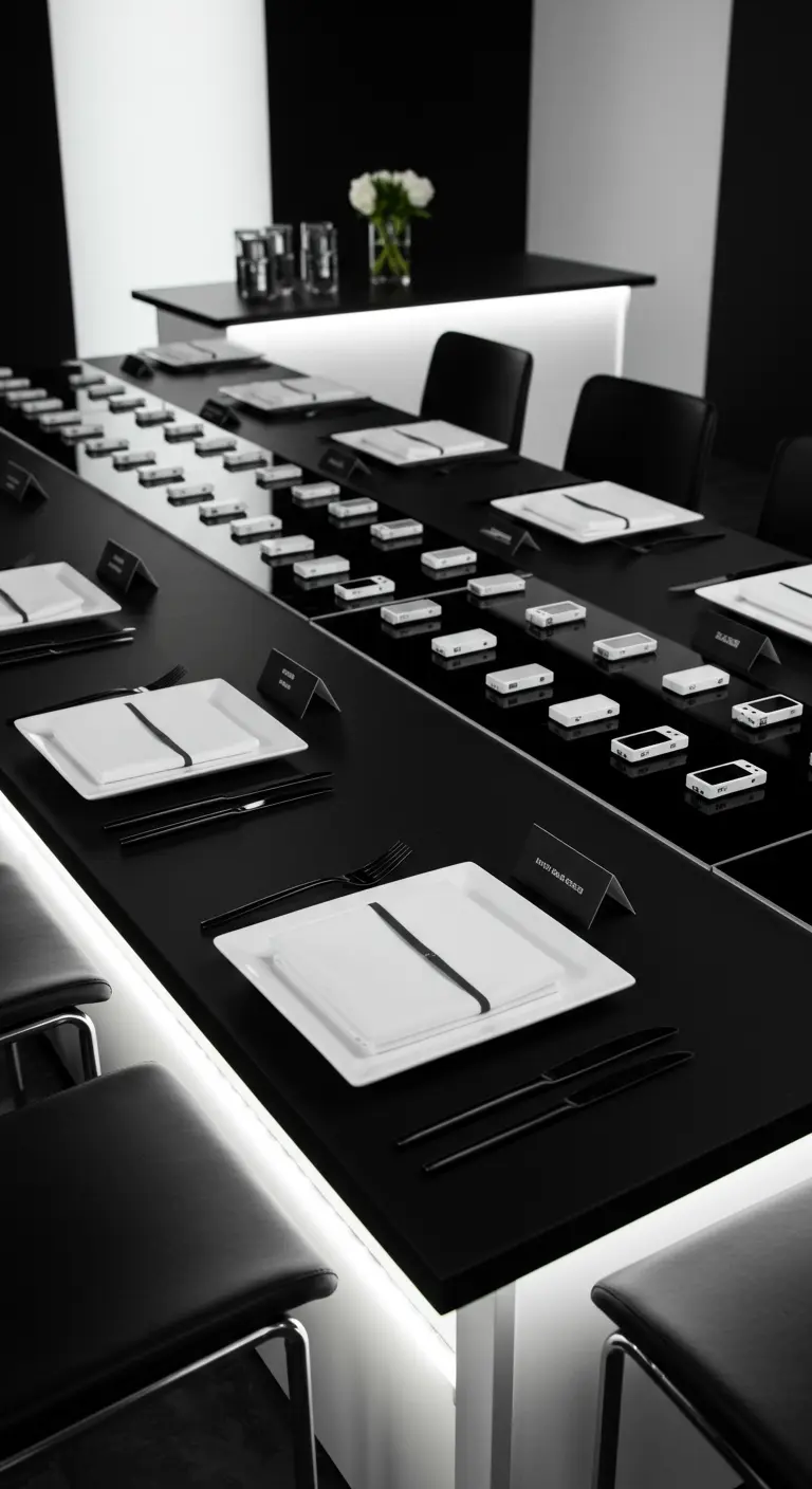 Ultra-modern black table with integrated lighting and minimalist place settings.