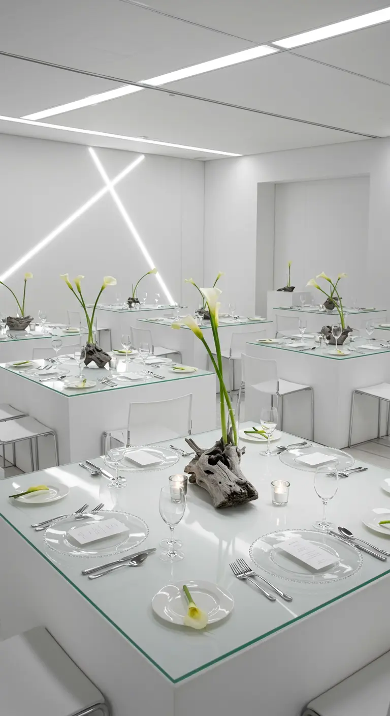 Ultra-modern all-white room with calla lilies and driftwood as the centerpiece.