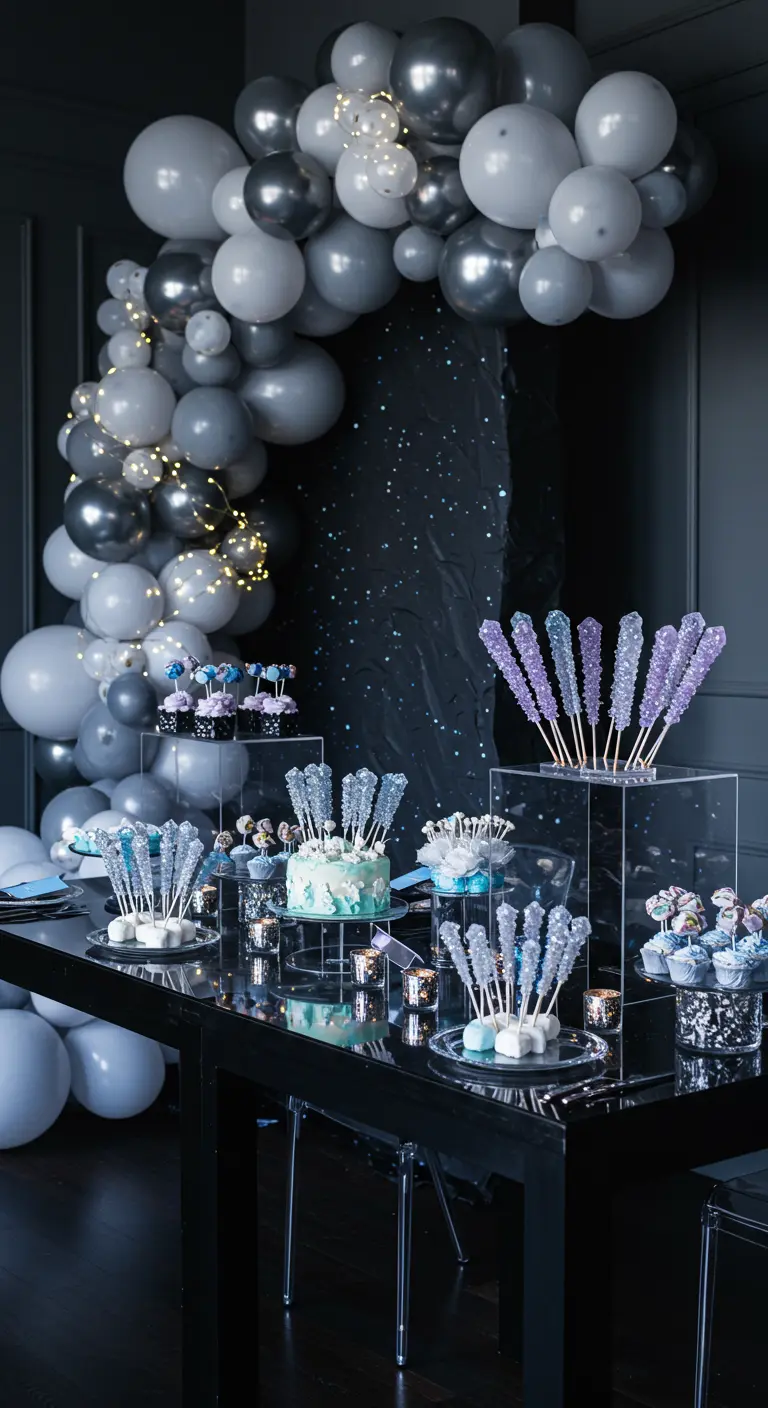 A black dessert table with a silver and white balloon arch, adorned with sparkling rock candy.