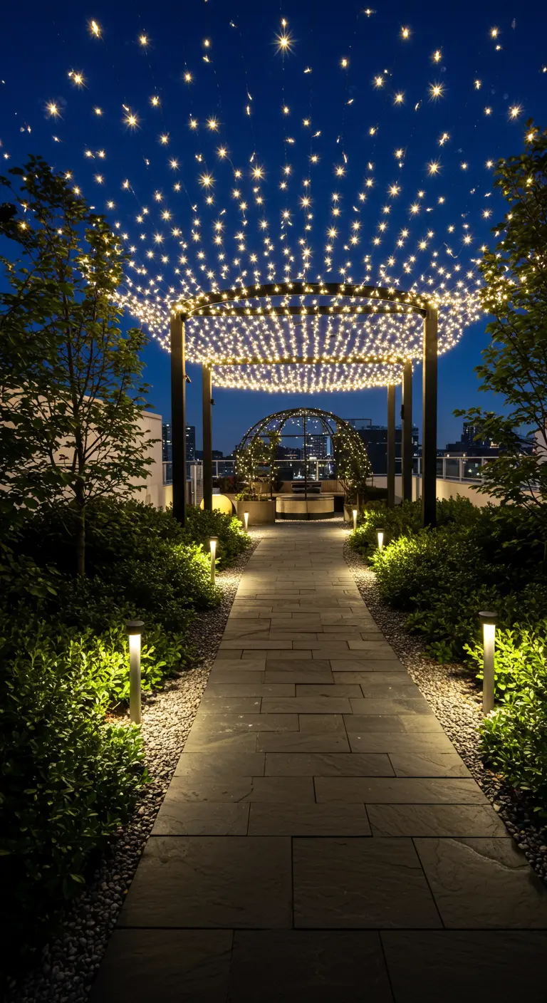 A long garden path under a pergola with a dense canopy of star-like fairy lights creating a tunnel effect.